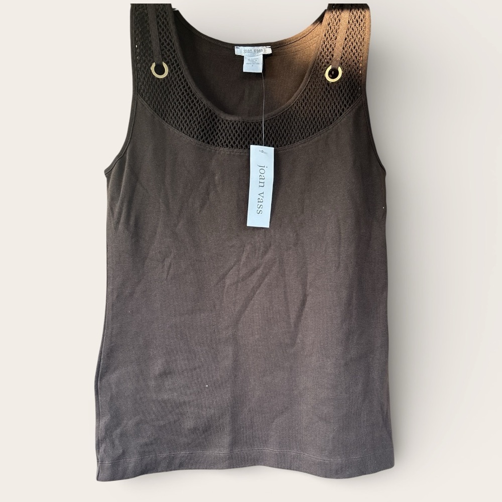 Joan Vass Dark Brown Sleeveless Tank with Mesh Yoke & Gold Eyelets - Picture 2 of 7